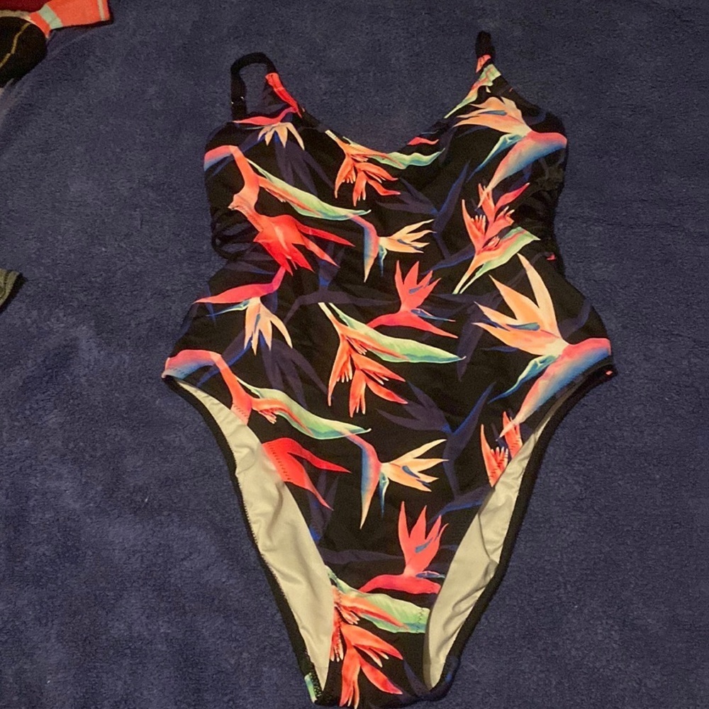 Victoria's Secret PINK Swim Suit One Piece Strappy Black Floral Bird​​​ - Picture 2 of 6
